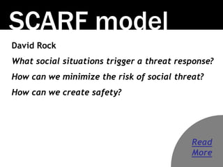 SCARF model
David Rock
What social situations trigger a threat response?
How can we minimize the risk of social threat?
Ho...
