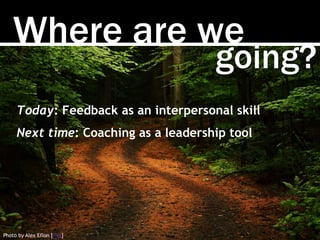 Photo by Alex Eflon [link]
Where are we
Today: Feedback as an interpersonal skill
Next time: Coaching as a leadership tool...