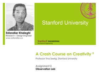 A Crash Course on Creativity II
Professor Tina Seelig, Stanford University
Stanford University
Esfandiar Khaleghi
Research – Design Engineer
www.esfandiar.co
Assignment 2.
Observation Lab
 