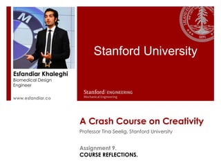 Stanford University
Esfandiar Khaleghi
Biomedical Design
Engineer
s

www.esfandiar.co




                     A Crash Course on Creativity
                     Professor Tina Seelig, Stanford University


                     Assignment 9.
                     COURSE REFLECTIONS.
 