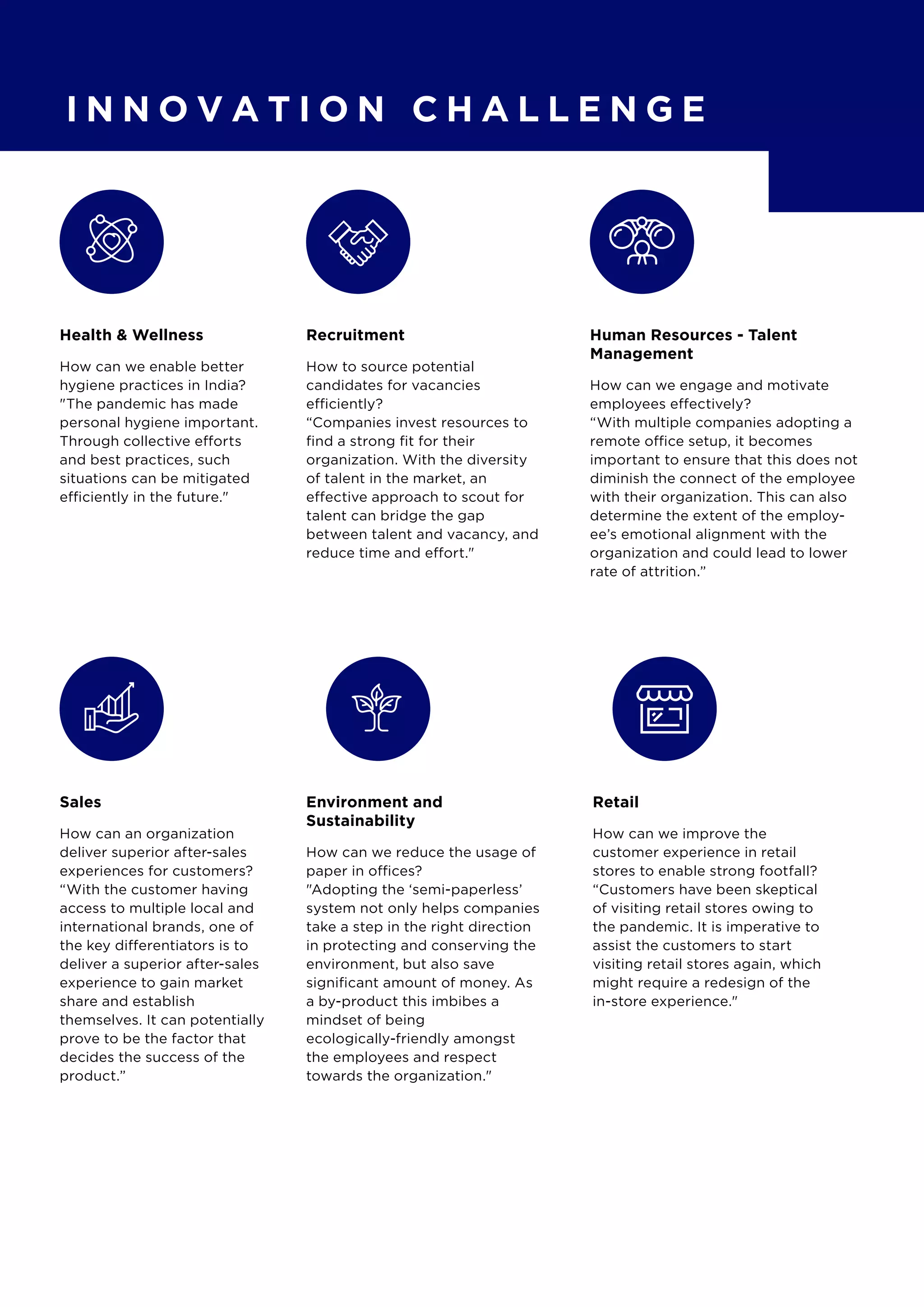 I N N O V A T I O N C H A L L E N G E
Health & Wellness
How can we enable better
hygiene practices in India?
"The pandemic has made
personal hygiene important.
Through collective efforts
and best practices, such
situations can be mitigated
efficiently in the future."
Sales
How can an organization
deliver superior after-sales
experiences for customers?
“With the customer having
access to multiple local and
international brands, one of
the key differentiators is to
deliver a superior after-sales
experience to gain market
share and establish
themselves. It can potentially
prove to be the factor that
decides the success of the
product.”
Environment and
Sustainability
How can we reduce the usage of
paper in offices?
"Adopting the ‘semi-paperless’
system not only helps companies
take a step in the right direction
in protecting and conserving the
environment, but also save
significant amount of money. As
a by-product this imbibes a
mindset of being
ecologically-friendly amongst
the employees and respect
towards the organization."
Retail
How can we improve the
customer experience in retail
stores to enable strong footfall?
“Customers have been skeptical
of visiting retail stores owing to
the pandemic. It is imperative to
assist the customers to start
visiting retail stores again, which
might require a redesign of the
in-store experience."
Recruitment
How to source potential
candidates for vacancies
efficiently?
“Companies invest resources to
find a strong fit for their
organization. With the diversity
of talent in the market, an
effective approach to scout for
talent can bridge the gap
between talent and vacancy, and
reduce time and effort."
Human Resources - Talent
Management
How can we engage and motivate
employees effectively?
“With multiple companies adopting a
remote office setup, it becomes
important to ensure that this does not
diminish the connect of the employee
with their organization. This can also
determine the extent of the employ-
ee’s emotional alignment with the
organization and could lead to lower
rate of attrition.”
 