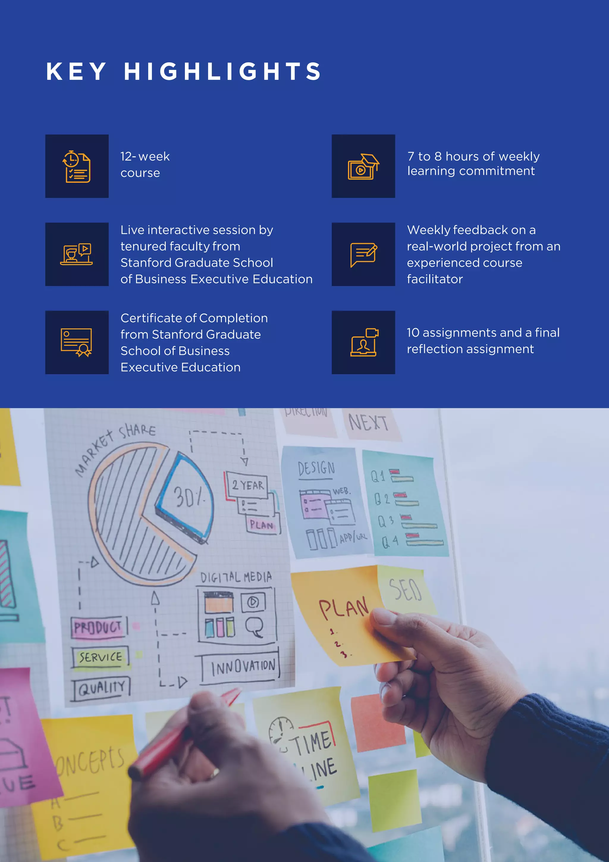 K E Y H I G H L I G H T S
12-week
course
Live interactive session by
tenured faculty from
Stanford Graduate School
of Business Executive Education
Certificate of Completion
from Stanford Graduate
School of Business
Executive Education
Weekly feedback on a
real-world project from an
experienced course
facilitator
10 assignments and a final
reflection assignment
7 to 8 hours of weekly
learning commitment
 