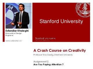 Stanford University
Esfandiar Khaleghi
Biomedical Design
Engineer
s

www.esfandiar.co




                     A Crash Course on Creativity
                     Professor Tina Seelig, Stanford University


                     Assignment 2.
                     Are You Paying Attention ?
 