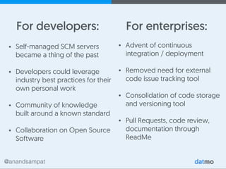 @anandsampat
For developers: For enterprises:
• Self-managed SCM servers
became a thing of the past
• Developers could leverage
industry best practices for their
own personal work
• Community of knowledge
built around a known standard
• Collaboration on Open Source
Software
• Advent of continuous
integration / deployment
• Removed need for external
code issue tracking tool
• Consolidation of code storage
and versioning tool 
• Pull Requests, code review,
documentation through
ReadMe
 