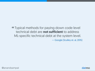 @anandsampat
Typical methods for paying down code level
technical debt are not sufficient to address
ML-specific technical debt at the system level.
“
— Google (Sculley et. al, 2015)
 