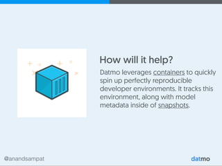 @anandsampat
How will it help?
Datmo leverages containers to quickly
spin up perfectly reproducible
developer environments. It tracks this
environment, along with model
metadata inside of snapshots.
 