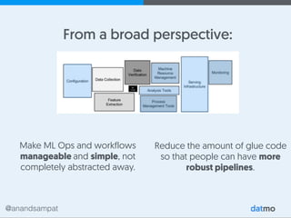 @anandsampat
From a broad perspective:
Make ML Ops and workflows
manageable and simple, not
completely abstracted away.
Reduce the amount of glue code
so that people can have more
robust pipelines.
 