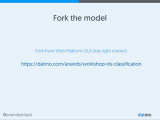 @anandsampat
Fork the model
Fork from Web Platform GUI (top right corner):
https://datmo.com/anands/workshop-iris-classification
 