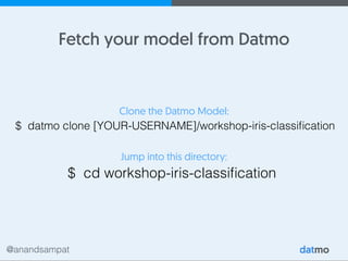 @anandsampat
Fetch your model from Datmo
$ datmo clone [YOUR-USERNAME]/workshop-iris-classiﬁcation
Clone the Datmo Model:
$ cd workshop-iris-classiﬁcation
Jump into this directory:
 