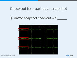 @anandsampat
Checkout to a particular snapshot
$ datmo snapshot checkout --id ______
 