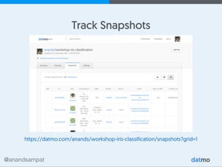@anandsampat
Track Snapshots
https://datmo.com/anands/workshop-iris-classification/snapshots?grid=1
 