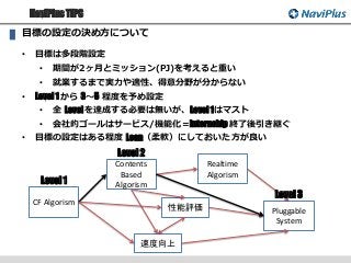 NaviPlus TIPS
目標の設定の決め方について
• 目標は多段階設定
• 期間が2ヶ月とミッション(PJ)を考えると重い
• 就業するまで実力や適性、得意分野が分からない
• Level 1 から 3〜5 程度を予め設定
• 会社的ゴールはサービス/機能化＝Internship 終了後引き継ぐ
• 目標の設定はある程度 Lean（柔軟）にしておいた方が良い
CF Algorism
Contents
Based
Algorism
性能評価
速度向上
Pluggable
System
Realtime
Algorism
Level 1
Level 2
Level 3
• 全 Level を達成する必要は無いが、Level 1はマスト
 