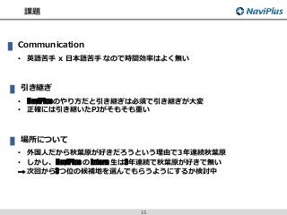 課題
15
• 英語苦手 x 日本語苦手 なので時間効率はよく無い
Communication
引き継ぎ
• NaviPlusのやり方だと引き継ぎは必須で引き継ぎが大変
• 正確には引き継いたPJがそもそも重い
場所について
• 外国人だから秋葉原が好きだろうという理由で3年連続秋葉原
• しかし、NaviPlus の Intern 生は3年連続で秋葉原が好きで無い
→ 次回から3つ位の候補地を選んでもらうようにするか検討中
 