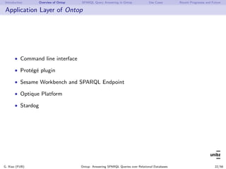Introduction Overview of Ontop SPARQL Query Answering in Ontop Use Cases Recent Progresses and Future
Application Layer of...