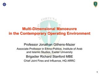 11
Multi-Dimensional Manoeuvre
in the Contemporary Operating Environment
Professor Jonathan Githens-Mazer
Associate Professor in Ethno-Politics, Institute of Arab
and Islamic Studies, Exeter University
Brigadier Richard Stanford MBE
Chief Joint Fires and Influence, HQ ARRC
 