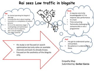 Rai sees Low traffic in blogsite
Say
• He started operating the blogsite 5
days ago
• Currently the site is about traveling
• Currently it is a compilation of random
pictures
• He Is on the awareness stage in
creating blogs and optimizing it.
• The site is not his expertise.
• Site is not yet targeted
• The site is cluttered
Think
• It requires one to be
knowledgeable in IT to
imporve sites performance
• It is hard
• Time consuming
• Technically challenging for
someone who is not a
programmer
Feel
• Has got to understand syntax
and symbols.
• No patience in understanding
these.
• His study is not focused on search
optimization but only relies on available
channels and tools he already knows.
• Focused on the aesthetics of the blogsite
only.
Empathy Map
Submitted by: Gerber Garcia
 