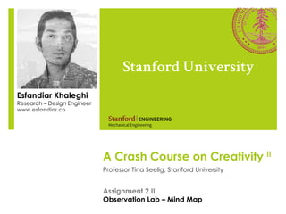 A Crash Course on Creativity II
Professor Tina Seelig, Stanford University
Stanford University
Esfandiar Khaleghi
Research – Design Engineer
www.esfandiar.co
Assignment 2.II
Observation Lab – Mind Map
 