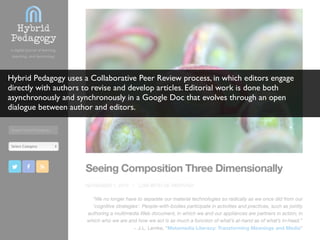 Hybrid Pedagogy uses a Collaborative Peer Review process, in which editors engage
directly with authors to revise and develop articles. Editorial work is done both
asynchronously and synchronously in a Google Doc that evolves through an open
dialogue between author and editors.
 