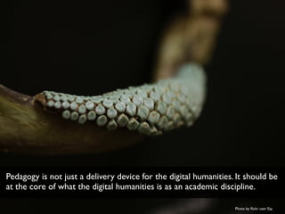 Photo by ﬂickr user Fio
Pedagogy is not just a delivery device for the digital humanities. It should be
at the core of what the digital humanities is as an academic discipline.
 