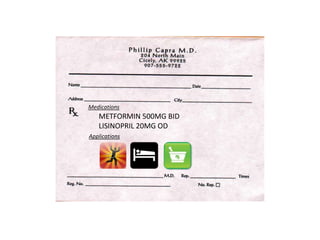 Rx of AppsMedicationsMETFORMIN 500MG BIDLISINOPRIL 20MG OD	Applications
