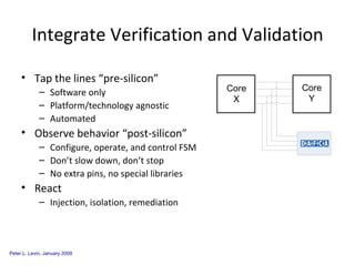 Integrate Verification and Validation Tap the lines “pre-silicon” Software only  Platform/technology agnostic Automated Observe behavior “post-silicon” Configure, operate, and control FSM Don’t slow down, don’t stop No extra pins, no special libraries React Injection, isolation, remediation 