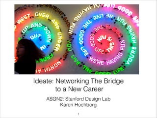 ASGN2: Stanford Design Lab
Karen Hochberg
Ideate: Networking The Bridge
to a New Career
!1
 