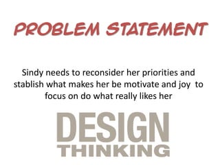 Sindy needs to reconsider her priorities and
stablish what makes her be motivate and joy to
focus on do what really likes her
 