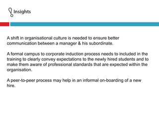 A shift in organisational culture is needed to ensure better
communication between a manager & his subordinate.
A formal campus to corporate induction process needs to included in the
training to clearly convey expectations to the newly hired students and to
make them aware of professional standards that are expected within the
organisation.
A peer-to-peer process may help in an informal on-boarding of a new
hire.
 