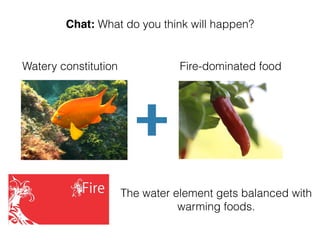 Chat: What do you think will happen?
Watery constitution Fire-dominated food
The water element gets balanced with
warming foods.
 