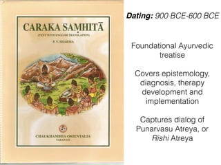 Dating: 900 BCE-600 BCE
Foundational Ayurvedic
treatise
Covers epistemology,
diagnosis, therapy
development and
implementation
Captures dialog of
Punarvasu Atreya, or
Rishi Atreya
 