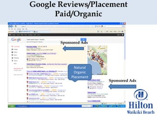 Google Reviews/Placement
      Paid/Organic


       Sponsored Ads




              Natural
             Organic
            Placement
                        Sponsored Ads
 