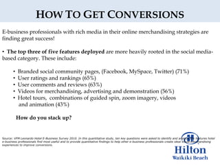 HOW TO GET CONVERSIONS
E-business professionals with rich media in their online merchandising strategies are
finding great success!

• The top three of five features deployed are more heavily rooted in the social media-
based category. These include:

       •   Branded social community pages, (Facebook, MySpace, Twitter) (71%)
       •   User ratings and rankings (65%)
       •   User comments and reviews (63%)
       •   Videos for merchandising, advertising and demonstration (56%)
       •   Hotel tours, combinations of guided spin, zoom imagery, videos
           and animation (43%)

           How do you stack up?


Source: VFM Leonardo Hotel E-Business Survey 2010. In this quantitative study, ten key questions were asked to identify and analyze the features hotel
e-business professionals find most useful and to provide quantitative findings to help other e-business professionals create ideal visual merchandising
experiences to improve conversions.
 