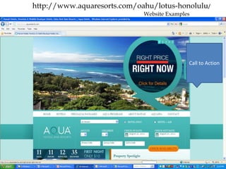 http://www.aquaresorts.com/oahu/lotus-honolulu/
                             Website Examples




                                            Call to Action
 