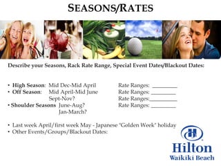 SEASONS/RATES




Describe your Seasons, Rack Rate Range, Special Event Dates/Blackout Dates:


• High Season: Mid Dec-Mid April          Rate Ranges: _________
• Off Season: Mid April-Mid June          Rate Ranges: _________
                Sept-Nov?                 Rate Ranges:__________
• Shoulder Seasons June-Aug?              Rate Ranges: _________
                   Jan-March?

• Last week April/first week May - Japanese "Golden Week" holiday
• Other Events/Groups/Blackout Dates:
 