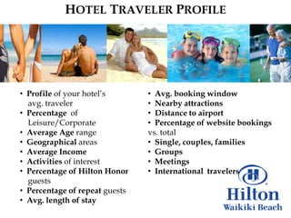 HOTEL TRAVELER PROFILE




• Profile of your hotel‟s       • Avg. booking window
  avg. traveler                 • Nearby attractions
• Percentage of                 • Distance to airport
  Leisure/Corporate             • Percentage of website bookings
• Average Age range             vs. total
• Geographical areas            • Single, couples, families
• Average Income                • Groups
• Activities of interest        • Meetings
• Percentage of Hilton Honor    • International travelers
  guests
• Percentage of repeat guests
• Avg. length of stay
 