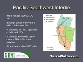 Pacific-Southwest IntertiePacific-Southwest Intertie
• High Voltage (500kV) DC
Line
• Enough power to serve 2-3
million LA...
