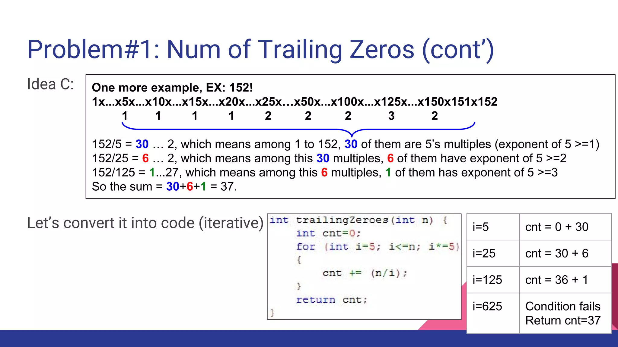 Problem#1: Num of Trailing Zeros (cont’)
Idea C:
Let’s convert it into code (iterative) i=5 cnt = 0 + 30
i=25 cnt = 30 + 6
i=125 cnt = 36 + 1
i=625 Condition fails
Return cnt=37
One more example, EX: 152!
1x...x5x...x10x...x15x...x20x...x25x…x50x...x100x...x125x...x150x151x152
1 1 1 1 2 2 2 3 2
152/5 = 30 … 2, which means among 1 to 152, 30 of them are 5’s multiples (exponent of 5 >=1)
152/25 = 6 … 2, which means among this 30 multiples, 6 of them have exponent of 5 >=2
152/125 = 1...27, which means among this 6 multiples, 1 of them has exponent of 5 >=3
So the sum = 30+6+1 = 37.
 