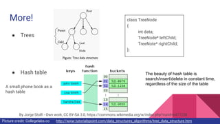 More!
● Trees
● Hash table
Picture credit: Collegelabs.co http://www.tutorialspoint.com/data_structures_algorithms/tree_data_structure.htm
class TreeNode
{
int data;
TreeNode* leftChild;
TreeNote* rightChild;
};
By Jorge Stolfi - Own work, CC BY-SA 3.0, https://commons.wikimedia.org/w/index.php?curid=6471238
A small phone book as a
hash table
The beauty of hash table is
search/insert/delete in constant time,
regardless of the size of the table
 