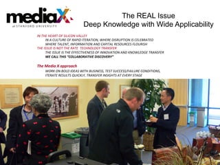 The REAL Issue
at S T A N F O R D U N I V E R S I T Y                        Deep Knowledge with Wide Applicability
                     IN	
  THE	
  HEART	
  OF	
  SILICON	
  VALLEY	
  
                             	
  IN	
  A	
  CULTURE	
  OF	
  RAPID	
  ITERATION,	
  WHERE	
  DISRUPTION	
  IS	
  CELEBRATED	
  
                             	
  WHERE	
  TALENT,	
  INFORMATION	
  AND	
  CAPITAL	
  RESOURCES	
  FLOURISH	
  
                     THE	
  ISSUE	
  IS	
  NOT	
  THE	
  RATE	
  	
  TECHNOLOGY	
  TRANSFER	
  
                             	
  THE	
  ISSUE	
  IS	
  THE	
  EFFECTIVENESS	
  OF	
  INNOVATION	
  AND	
  KNOWLEDGE	
  TRANSFER	
  	
  
                             	
  WE	
  CALL	
  THIS	
  “COLLABORATIVE	
  DISCOVERY”	
  
                     	
  
                     The	
  Media	
  X	
  approach	
  
                           	
  WORK	
  ON	
  BOLD	
  IDEAS	
  WITH	
  BUSINESS,	
  TEST	
  SUCCESS/FAILURE	
  CONDITIONS,	
  	
  
                           	
  ITERATE	
  RESULTS	
  QUICKLY,	
  TRANSFER	
  INSIGHTS	
  AT	
  EVERY	
  STAGE	
  
 