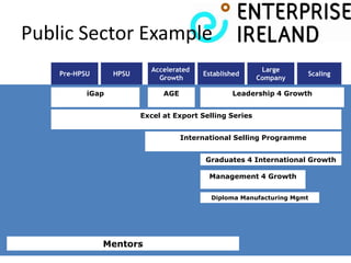 Public Sector Example
                           Accelerated                     Large
    Pre-HPSU      HPSU                    Established                  Scaling
                             Growth                       Company

           iGap                AGE                Leadership 4 Growth


                         Excel at Export Selling Series


                                     International Selling Programme


                                           Graduates 4 International Growth

                                            Management 4 Growth


                                            Diploma Manufacturing Mgmt




               Mentors
 
