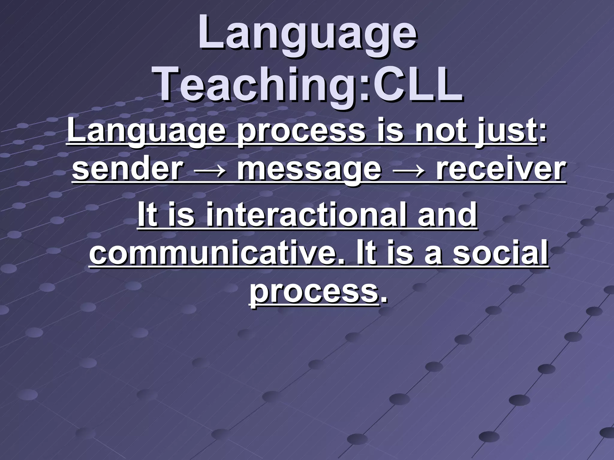 Language Teaching:CLL Language process is not just :  sender -> message -> receiver It is interactional and communicative. It is a social process . 