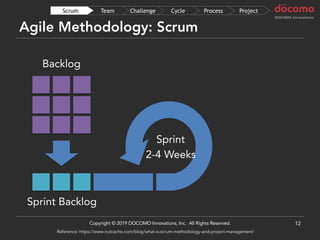 Agile Methodology: Scrum
12
Sprint Backlog
Backlog
Sprint
2-4 Weeks
ProjectProcessCycleChallengeTeamScrum
Copyright © 2019 DOCOMO Innovations, Inc. All Rights Reserved.
Reference: https://www.nutcache.com/blog/what-is-scrum-methodology-and-project-management/
 