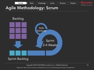 Agile Methodology: Scrum
13
Sprint Backlog
Backlog
Sprint
2-4 Weeks
Daily
Stand-up
ProjectProcessCycleChallengeTeamScrum
Copyright © 2019 DOCOMO Innovations, Inc. All Rights Reserved.
Reference: https://www.nutcache.com/blog/what-is-scrum-methodology-and-project-management/
 