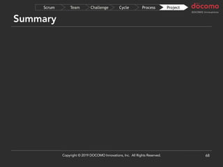 Summary
68
ProjectProcessCycleChallengeTeamScrum
Copyright © 2019 DOCOMO Innovations, Inc. All Rights Reserved.
 