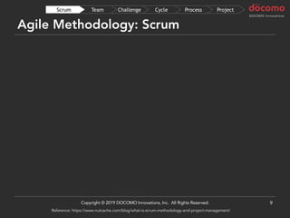 Agile Methodology: Scrum
9
ProjectProcessCycleChallengeTeamScrum
Copyright © 2019 DOCOMO Innovations, Inc. All Rights Reserved.
Reference: https://www.nutcache.com/blog/what-is-scrum-methodology-and-project-management/
 