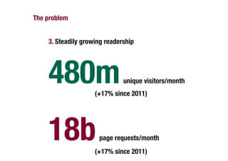 The problem


    
3. Steadily growing readership




  
480m
    
    
     
                               unique visitors/month
                    
(+17% since 2011)




  
18b
    
    
     
                      page requests/month
                    
(+17% since 2011)
 