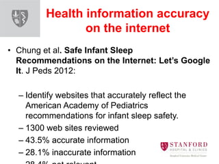 Health information accuracy
on the internet
• Chung et al. Safe Infant Sleep
Recommendations on the Internet: Let’s Google
It. J Peds 2012:
– Identify websites that accurately reflect the
American Academy of Pediatrics
recommendations for infant sleep safety.
– 1300 web sites reviewed
– 43.5% accurate information
– 28.1% inaccurate information
 