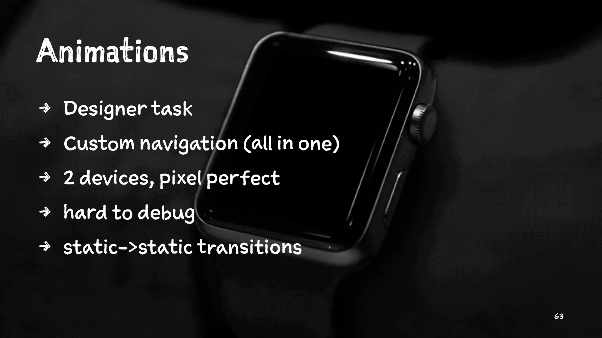 Animations
4 Designer task
4 Custom navigation (all in one)
4 2 devices, pixel perfect
4 hard to debug
4 static->static transitions
63
 