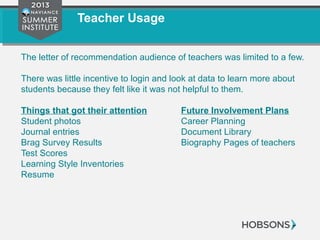 Teacher Usage
The letter of recommendation audience of teachers was limited to a few.
There was little incentive to login and look at data to learn more about
students because they felt like it was not helpful to them.
Things that got their attention Future Involvement Plans
Student photos Career Planning
Journal entries Document Library
Brag Survey Results Biography Pages of teachers
Test Scores
Learning Style Inventories
Resume
 