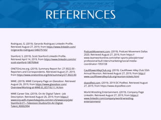 REFERENCES
Rodriguez, G. (2019). Gerardo Rodriguez LinkedIn Proﬁle.
Retrieved August 27, 2019, from https://www.linkedin.com/
in/gerardo-rodriguez-548275165/
Stanford, S. (2019). Scott Stanford LinkedIn Proﬁle.
Retrieved April 14, 2019, from https://www.linkedin.com/in/
scott-stanford-18076964/
ONETOnLine.org. (2019). Summary Report for: 27-3022.00 -
Reporters and Correspondents. Retrieved August 27, 2019,
from https://www.onetonline.org/link/summary/27-3022.00
WWE. (2019). WWE Company Page on Glassdoor. Retrieved
August 26, 2019, from https://www.glassdoor.com/
Overview/Working-at-WWE-EI_IE5718.11,14.htm
WWE Career Site. (2019). On Air Digital Talent - Job
Description. Retrieved August 26, 2019, from https://
wwecorp.wd5.myworkdayjobs.com/en-US/wwecorp/job/
Stamford-CT---Television-Studios/On-Air-Digital-
Talent_R0002994
PodcastMovement.com. (2019). Podcast Movement Dallas
2020. Retrieved August 27, 2019, from https://
www.teamworkonline.com/other-sports-jobs/pbrnow/
professional-bull-riders/marketing/social-media-
coordinator-1955728
CauliﬂowerAlleyClub.org. (2019). Cauliﬂower Alley Club 55th
Annual Reunion. Retrieved August 27, 2019, from http://
www.cauliﬂoweralleyclub.org/reunion-tickets.html
dcpodfest.com. (2019). 2019 DC Podfest. Retrieved August
27, 2019, from https://www.dcpodfest.com
World Wrestling Entertainment. (2019). Company Page
LinkedIn. Retrieved August 27, 2019, from https://
www.linkedin.com/company/world-wrestling-
entertainment/
 